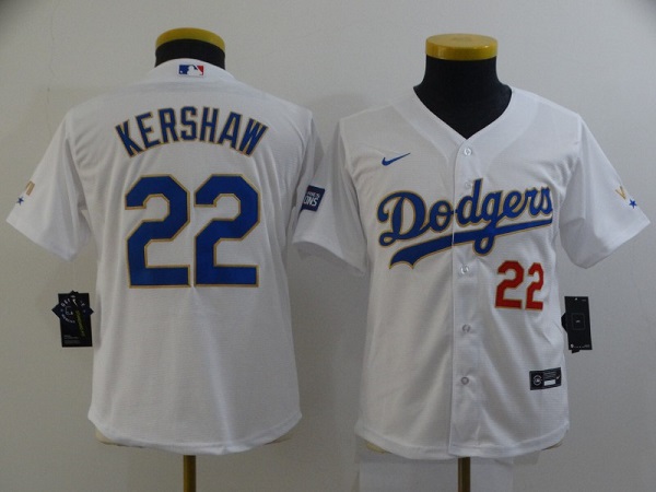 Youth Los Angeles Dodgers #22 Clayton Kershaw White Gold NFL Championship Cool Base Stitched Jersey Youth Los Angeles Dodgers #22 Clayton Kershaw White Gold NFL Championship Cool Base Stitched Jersey